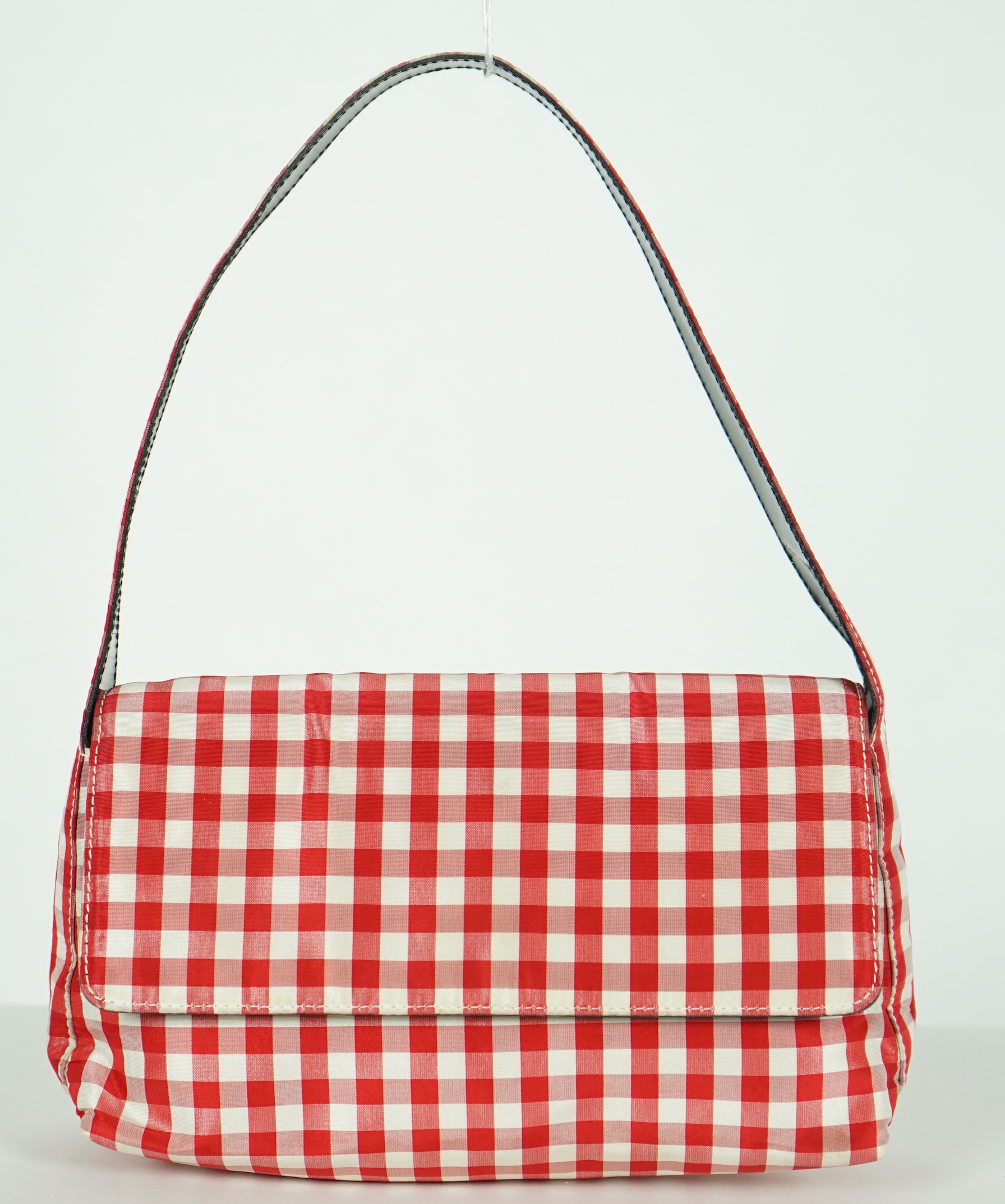 A Ralph Lauren red and white gingham satin evening bag, width 22cm, height 14cm, overall height 30cm, depth 5cm